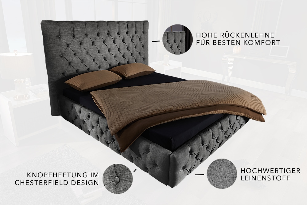 Design Boxbett PARIS 180x200cm grau Leinen Chesterfield Doppelbett
