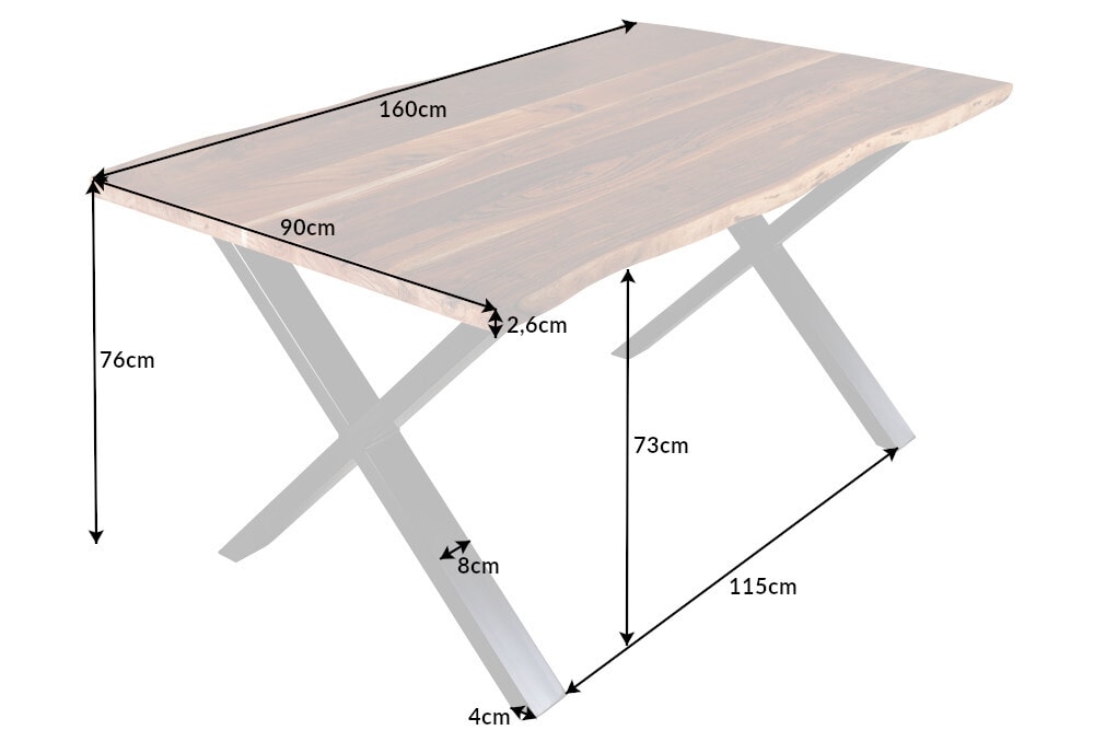 Massivholz Esstisch MAMMUT 160cm Akazie Baumkante X-Gestell Industrial Design 2,6 cm Platte