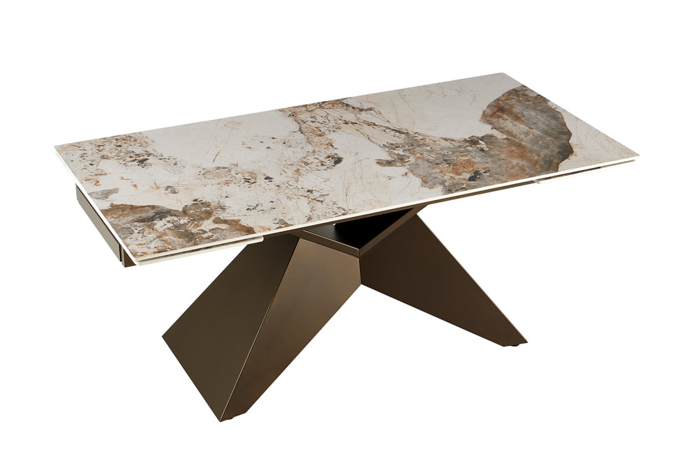 Design Esstisch DIAMOND 180-260cm weiß braun Pandora Keramik Metallgestell bronze