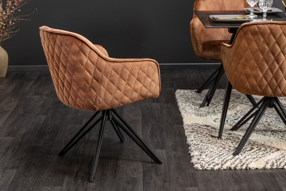 Drehbarer Design Stuhl EUPHORIA rost braun Samt mit Armlehne Metallgestell schwarz