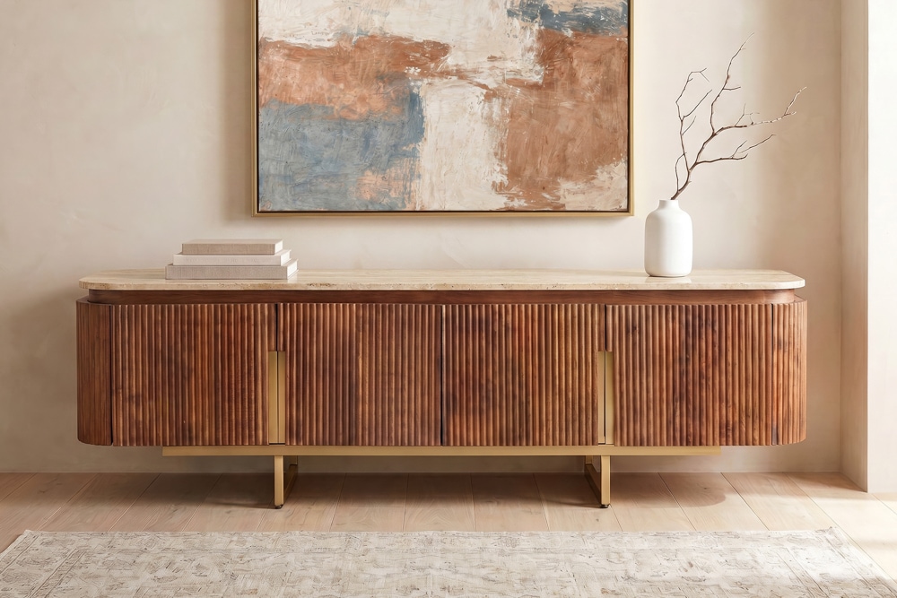 Design TV-Board GATSBY 160cm braun gold Mangoholz mit Travertin Metallgestell