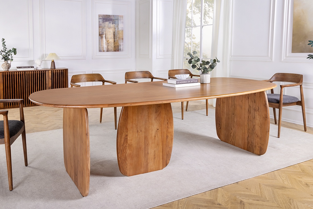 Design Esstisch SCULPTURA 240cm braun Akazie Massivholz mit skulpturalem Wangenfuß