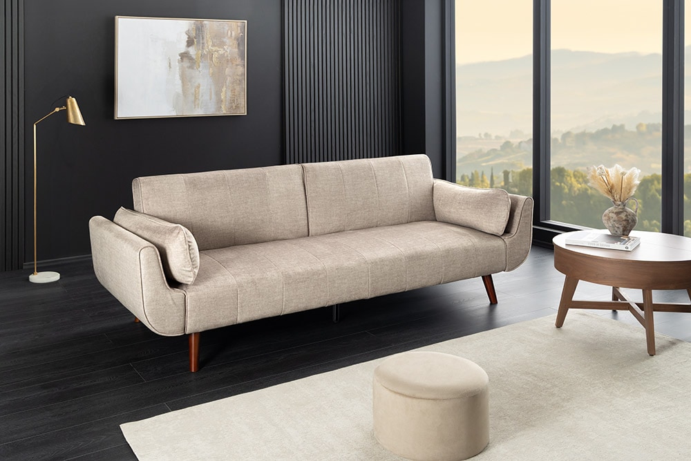 Design Schlafsofa DIVANI 220cm champagner beige Samt 3-Sitzer mit Bettfunktion Walnuss-Füße