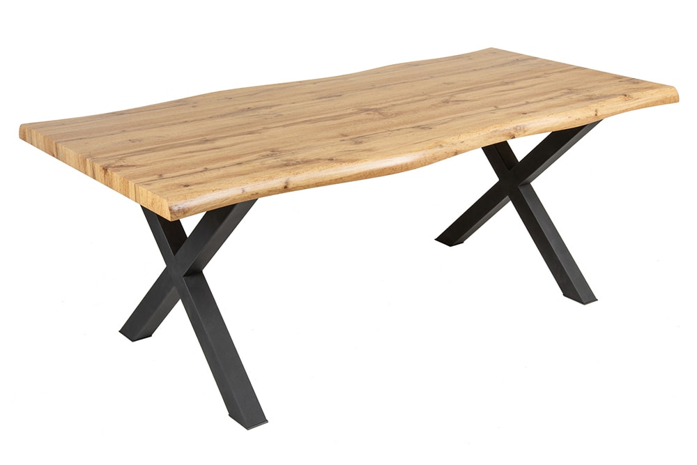 Industrial Esstisch WILD 180cm braun Wildeiche-Design Baumkante schwarz X-Gestell