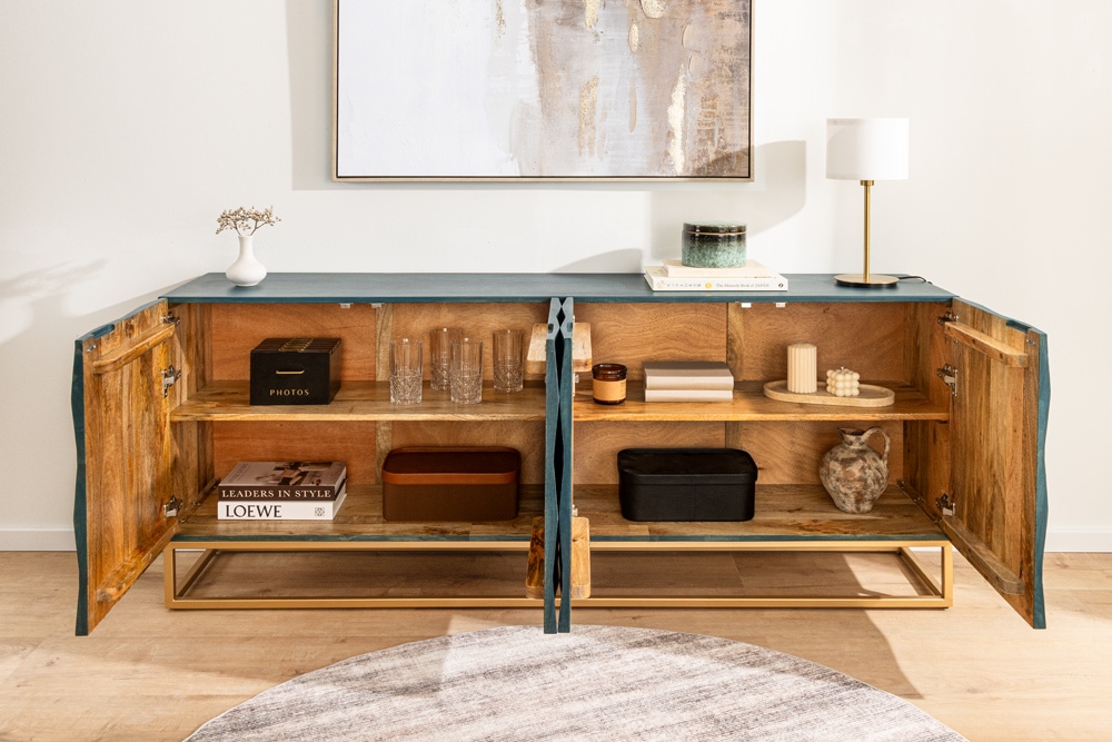 Massives Sideboard VULCANO 180cm türkis Mangoholz gold Metallgestell