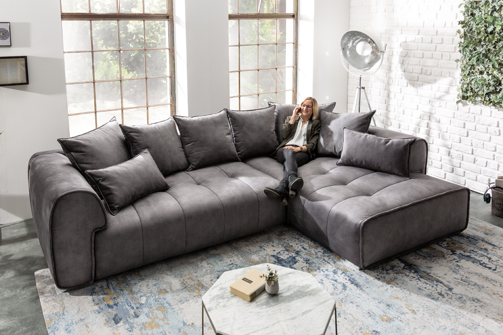 Modernes XXL Ecksofa CLAN 320cm anthrazit Samt Bigsofa inkl. Kissen