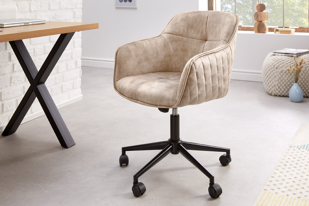 Höhenverstellbarer Design Bürostuhl EUPHORIA champagner greige Samt drehbar Ziersteppung