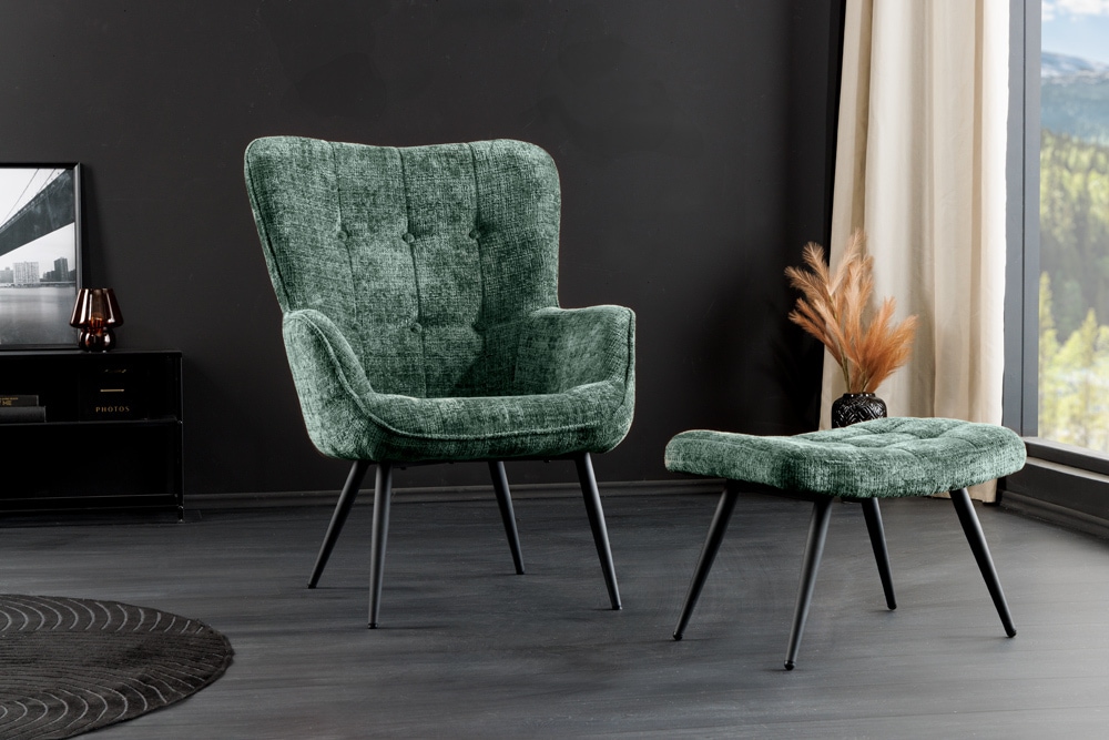 Design Sessel SCANDINAVIA grün Chenille Cremona schwarz Metall mit Armlehne