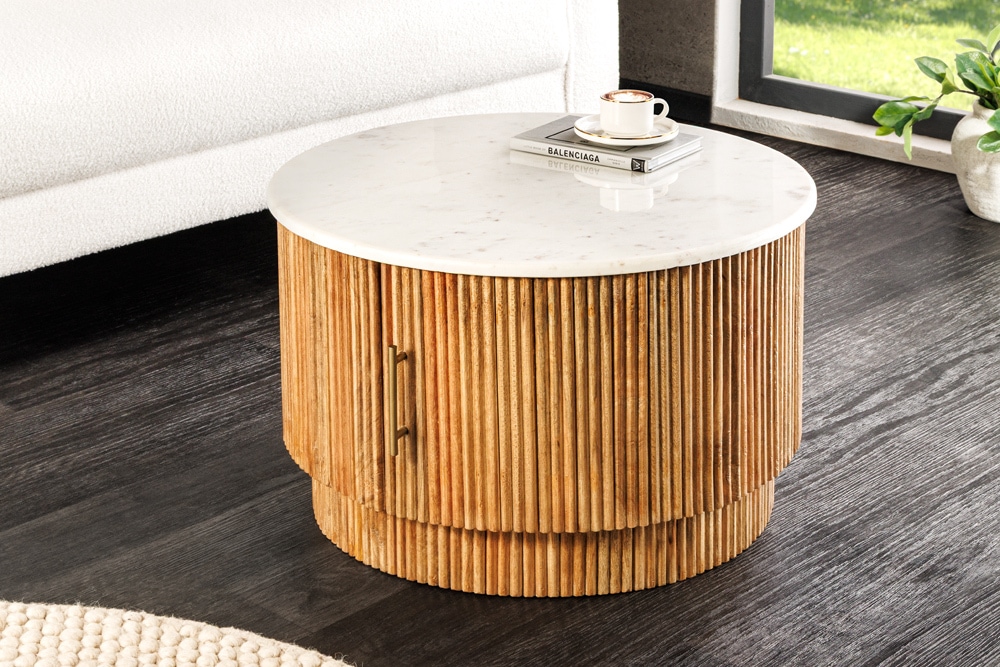 Runder Couchtisch TRES CHIC 60cm weiß Marmor natur Mangoholz mit Stauraum