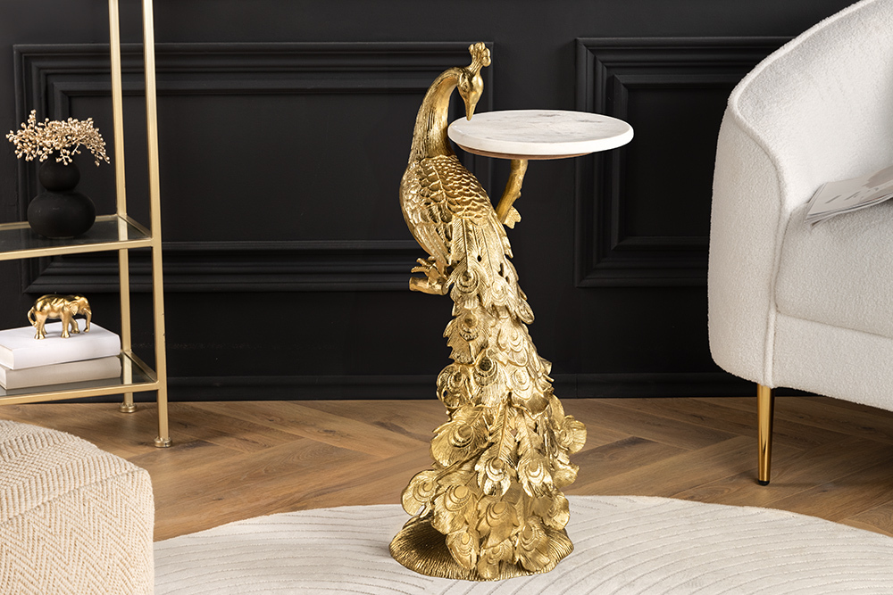 Runder Beistelltisch WILDLIFE PEACOCK 75cm gold antik weiß Metall Marmor Pfauen-Skulptur