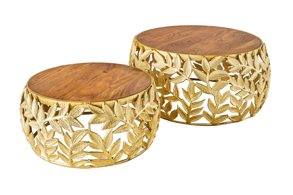 Rundes 2er Set Couchtische ABSTRACT LEAF 70cm natur gold Massivholz Akazie Metall Blatt-Design
