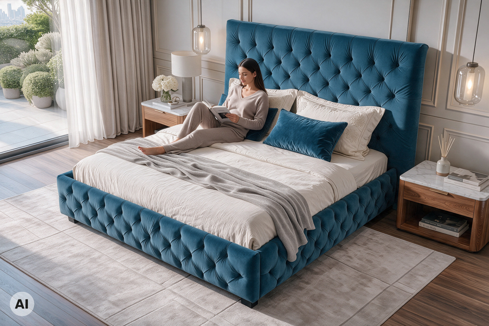 Design Doppelbett PARIS 180x200cm dunkelblau Samt Chesterfield Design Doppelbett PARIS 180x200cm dunkelblau Samt Chesterfield