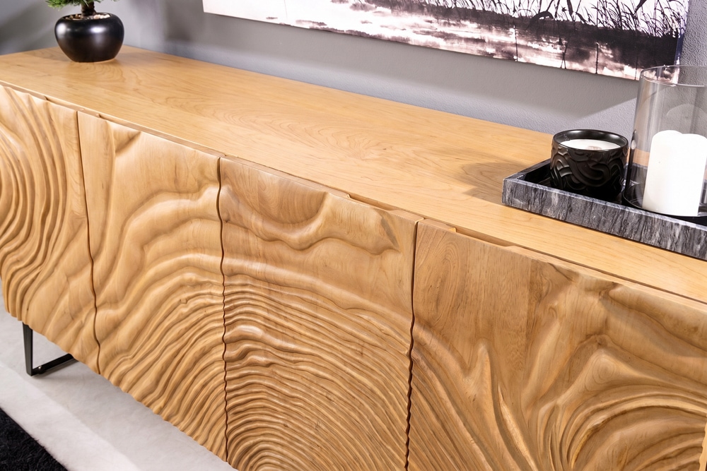 Massives Sideboard FLUID 175cm creme Mangoholz 3D-Design Kufengestell