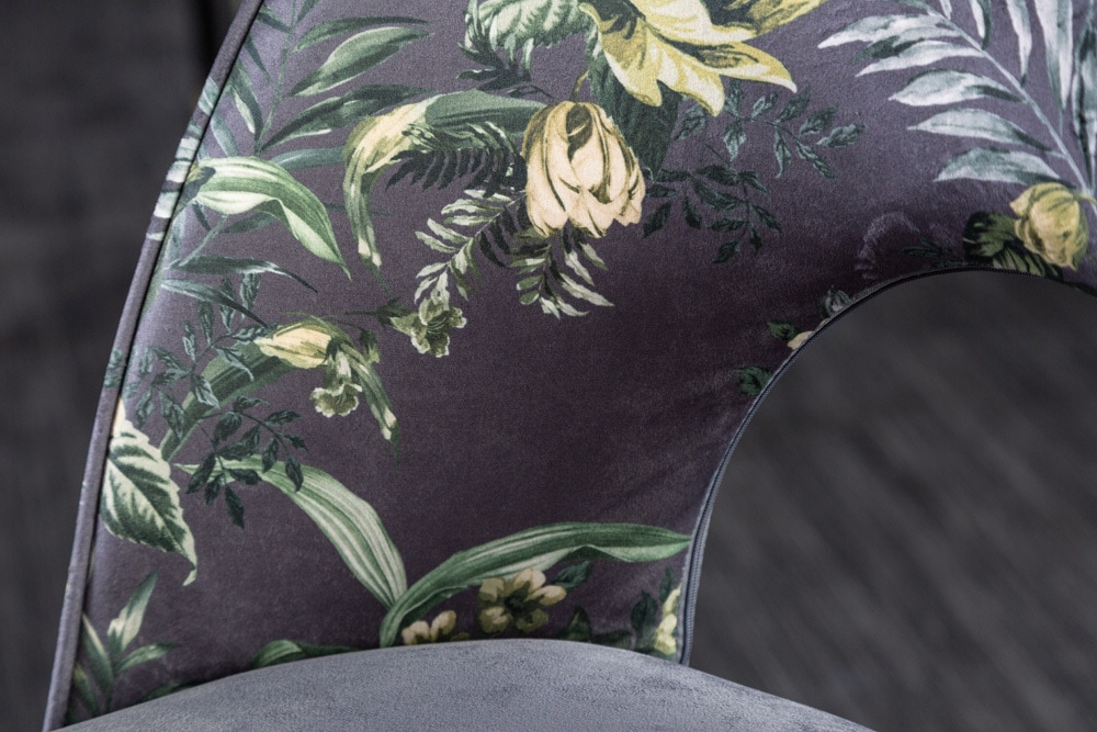 Design Stuhl PRÊT-À-PORTER grau Samt florales Muster und goldene Fußkappen