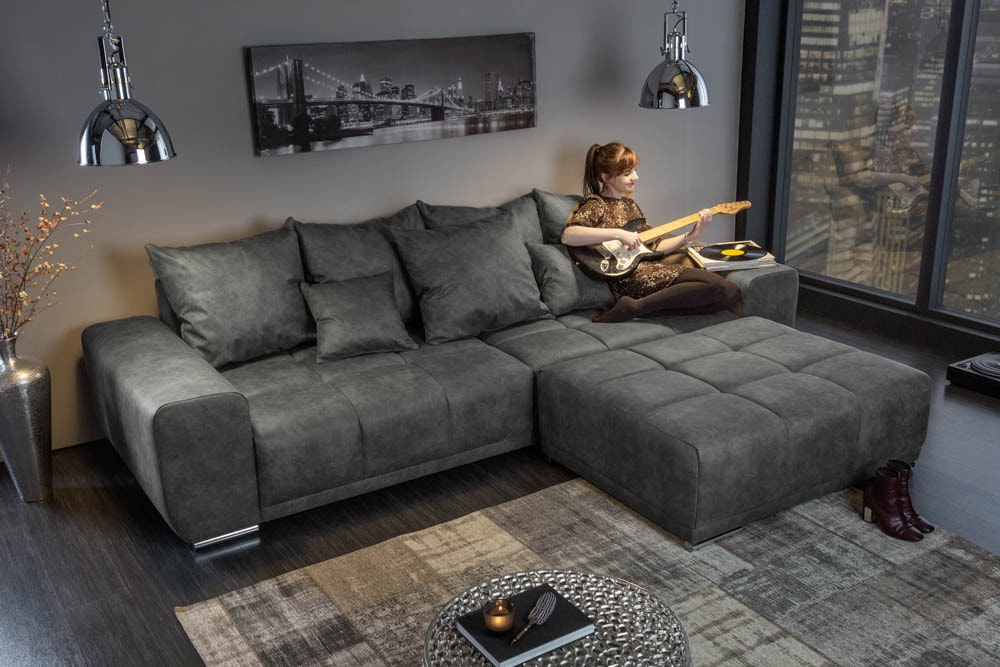 Big Sofa ELEGANCIA 285cm grau Microfaser XXL Couch inkl. Kissen Federkern