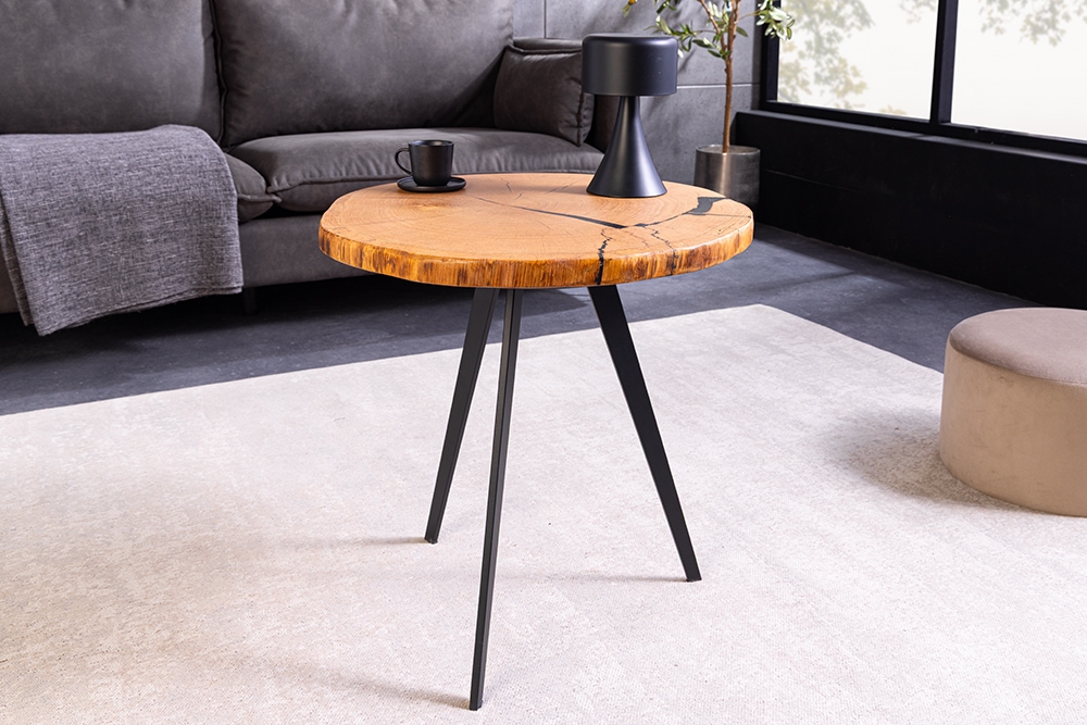 Runder Couchtisch ARBOR 55cm natur Eiche Massivholz schwarz Metall Beistelltisch