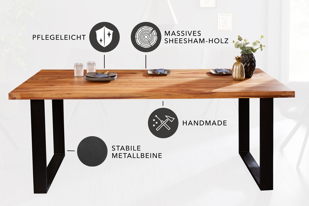 Massivholz Esstisch IRON CRAFT 180cm braun schwarz Sheesham stone finish Industrial