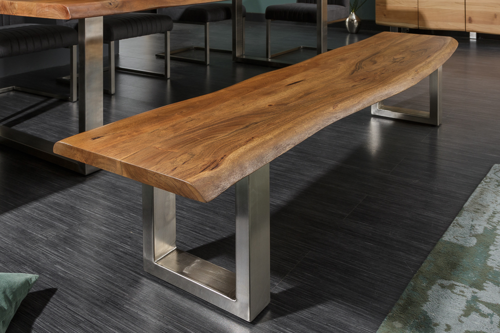 Massive Baumstamm Bank MAMMUT NATURE 160cm Akazie Industrial Chic Sitzbank Kufengestell