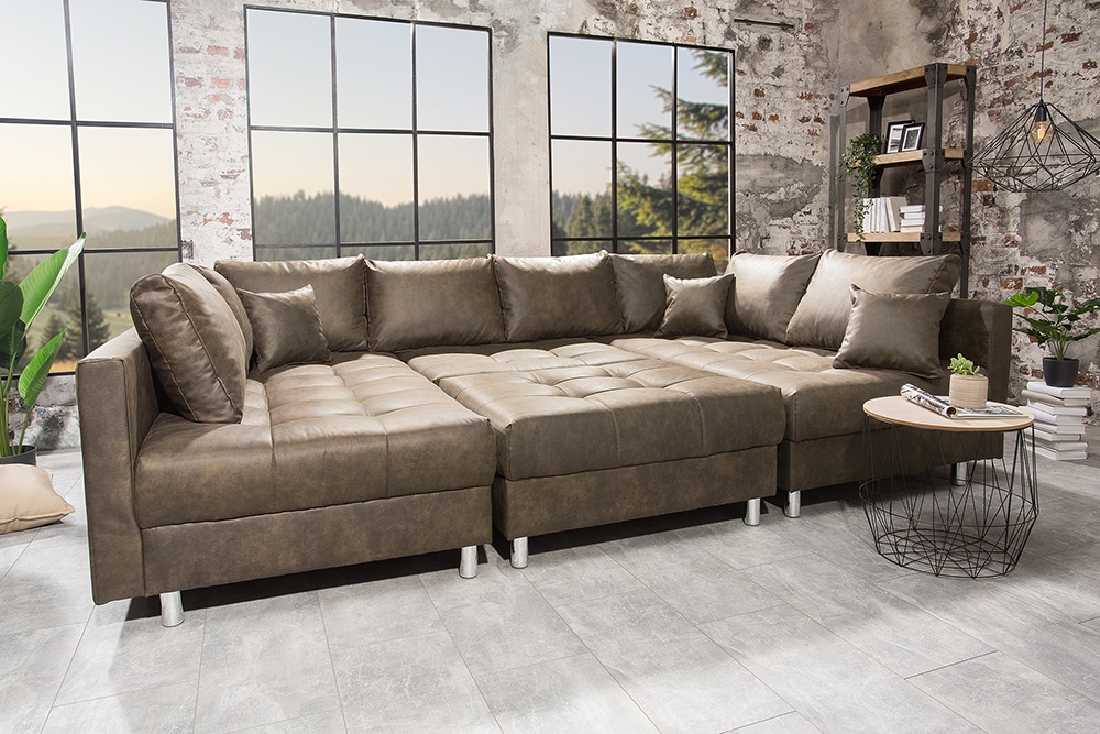Moderne XXL Wohnlandschaft KENT 305cm taupe Federkern Bigsofa inkl. Hocker