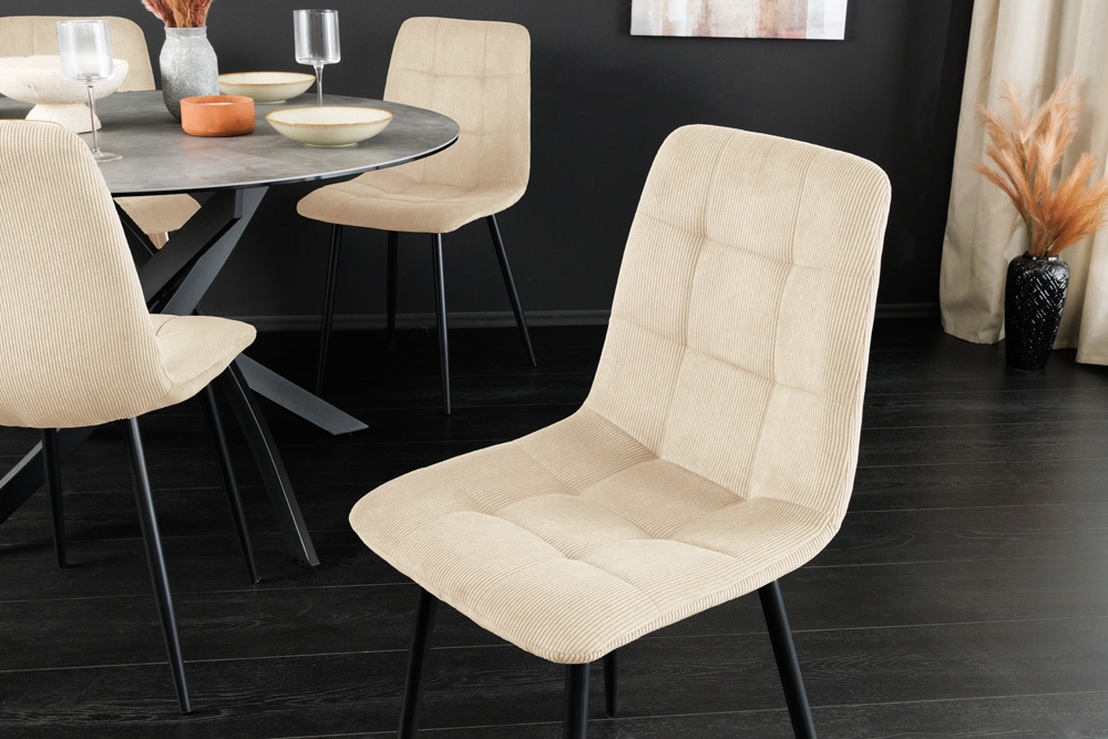Moderner Design Stuhl TRES CHIC beige Cord schwarze Metallbeine Esszimmer
