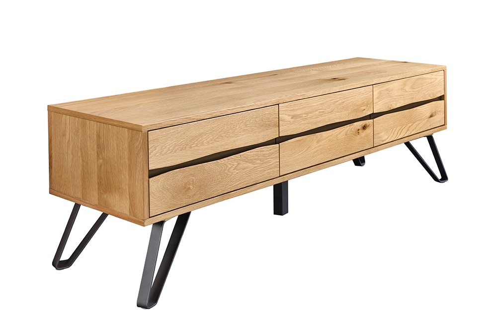 Massives TV-Lowboard LIVING EDGE 160cm natur Eichenholz Baumkante mit Hairpin Legs