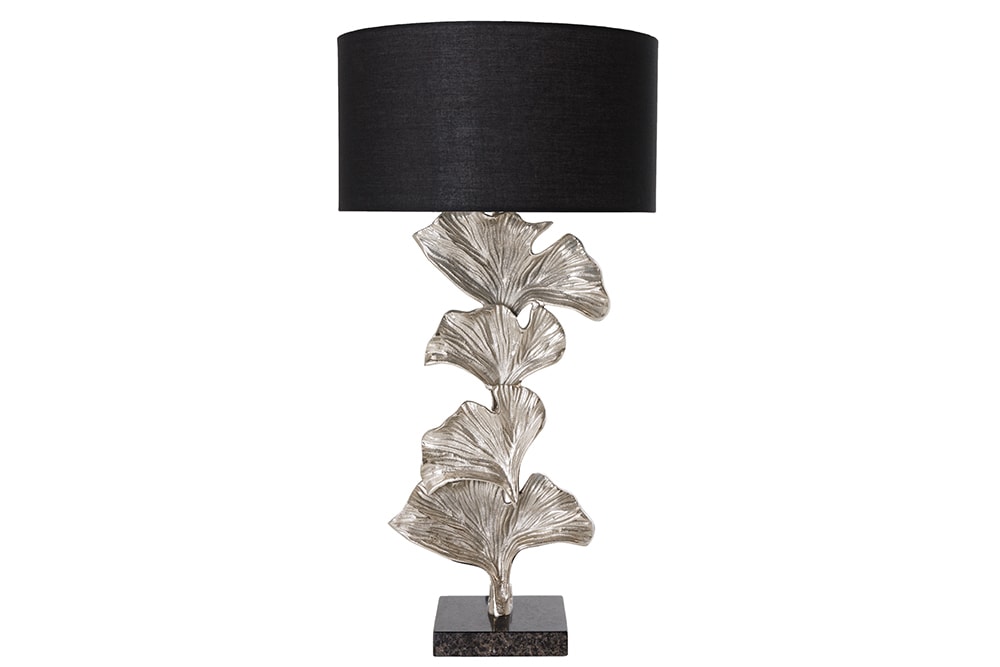Design Tischlampe GINKGO 70cm schwarz Stoffschirm silber Metall handmade Marmor-Fuß