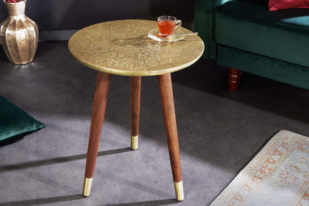 Design Beistelltisch ALCAZAR 50cm antik gold Metall Mangoholz Handarbeit rund
