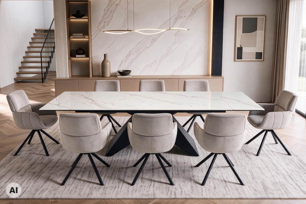 Design Esstisch DIAMOND 180-260cm matt weiß Keramik Metallgestell schwarz