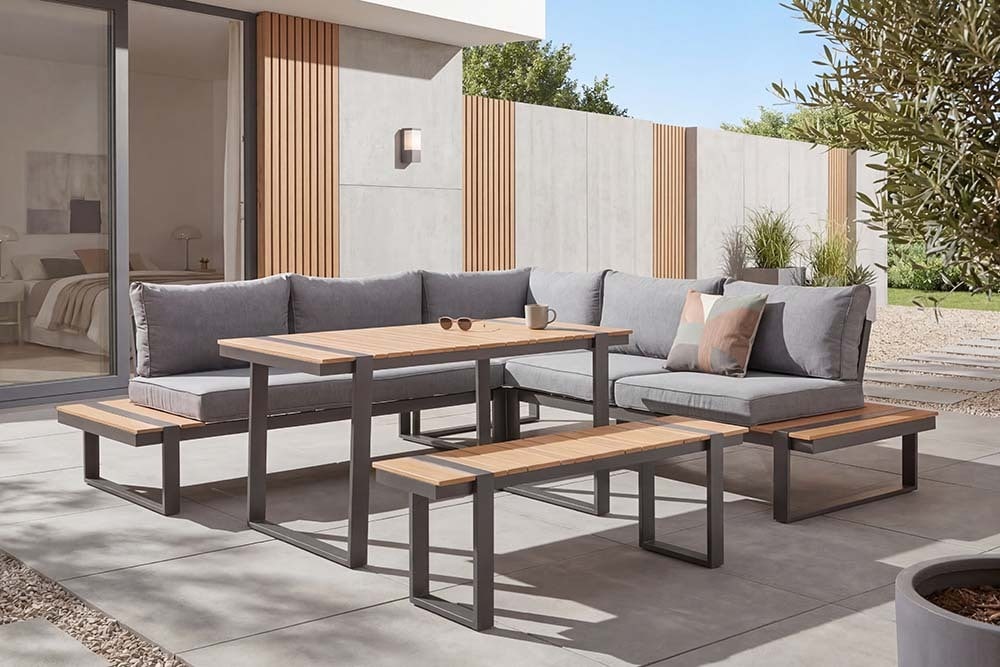 Wetterfestes Gartenmöbel Set TAMPA LOUNGE 250cm grau Aluminium inkl. Sitzbank Tisch Kissen