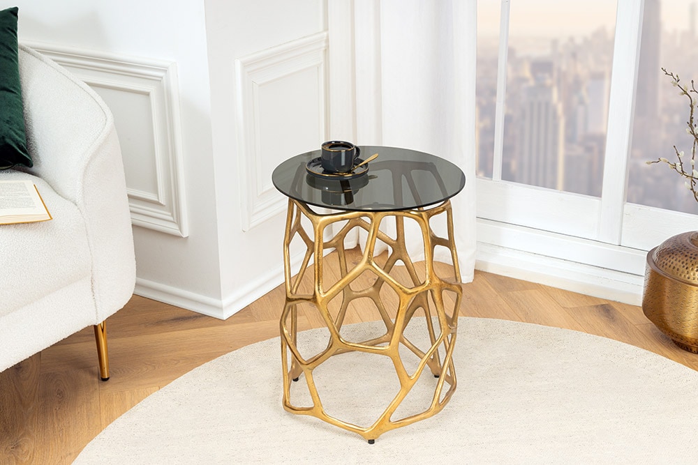 Handgefertigter Beistelltisch LIQUID GEOMETRIE 50cm gold rund Metall Schwarzglas » Jetzt kaufen