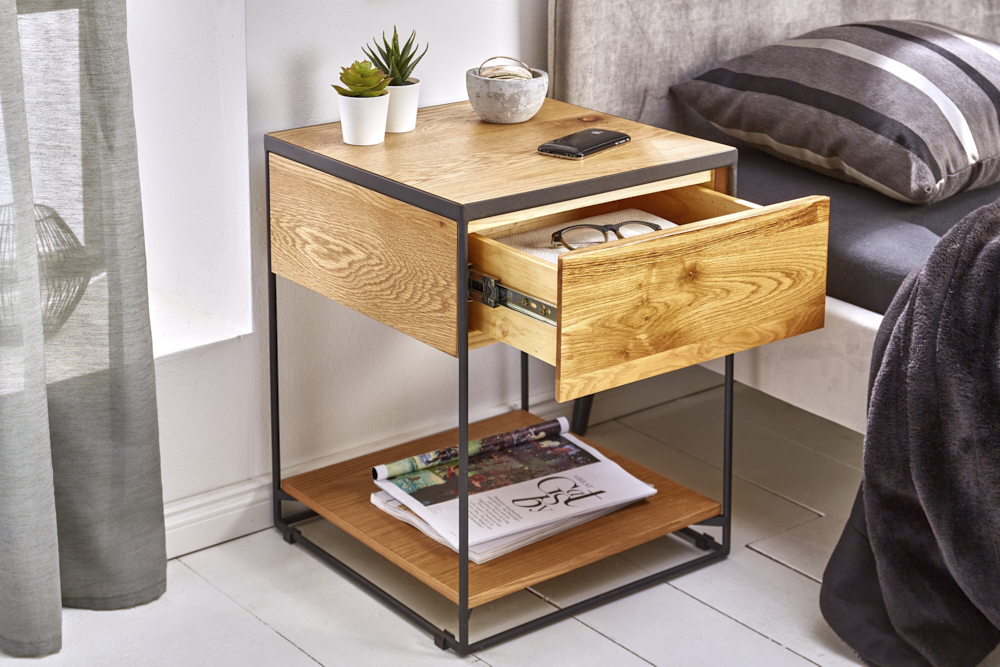 Moderner Beistelltisch SCORPION 50cm Wildeichen-Design Metall Nachttisch mit Schublade