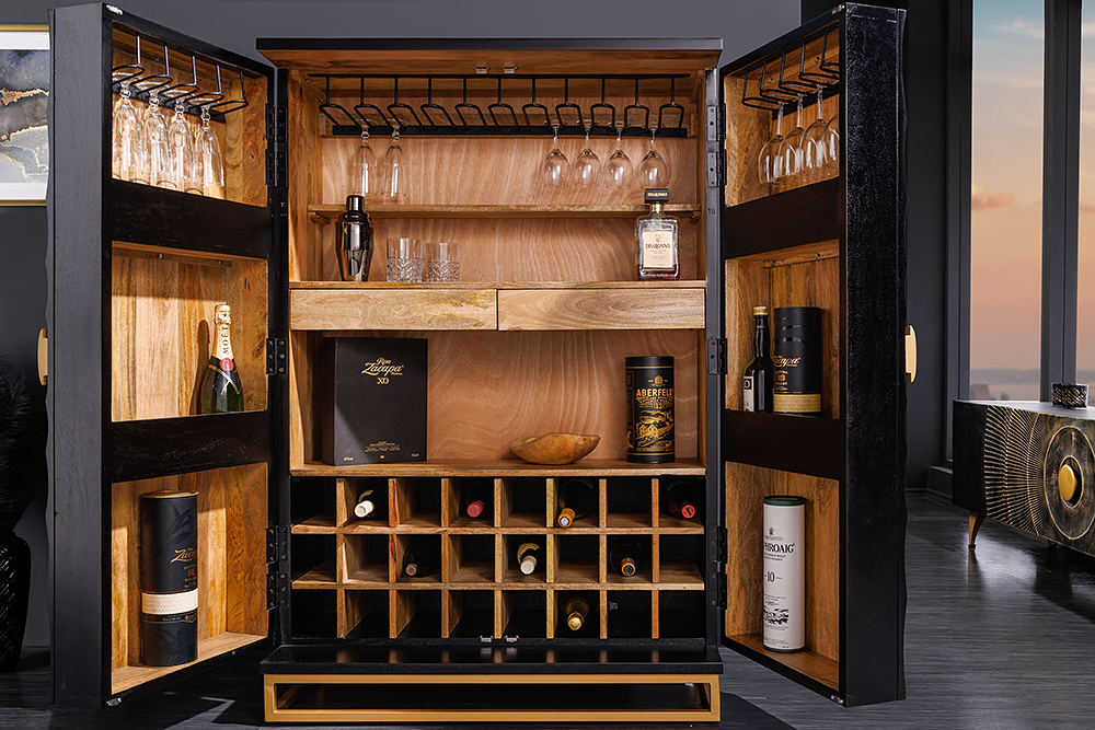 Handgearbeiteter Barschrank GOLDEN SUNSET 140cm schwarz gold Mangoholz massiv