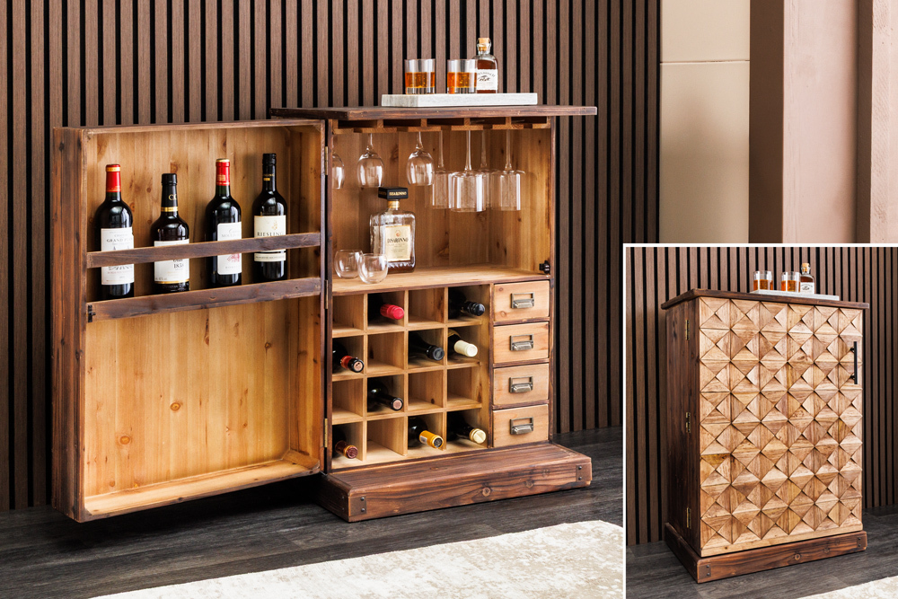 Design Barschrank BODEGA 90cm natur Pinienholz Weinregal Glashalter Schubladen » Jetzt kaufen