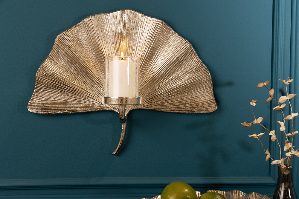 Dekorativer Kerzenhalter GINKGO 44cm silber handmade Metall Wandteelicht