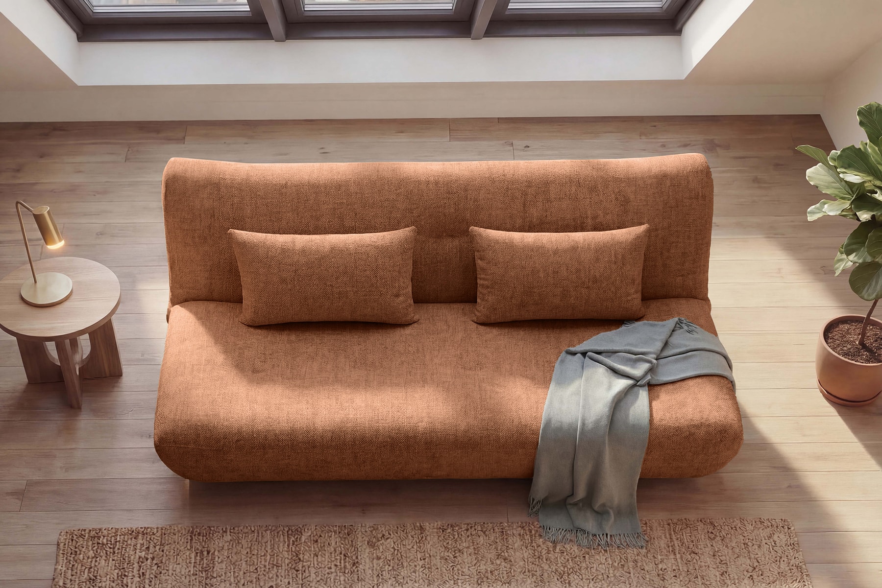 Modernes Schlafsofa ELYPSE 200cm rostbraun Chenillestoff 3-Sitzer Couch inkl. Kissen