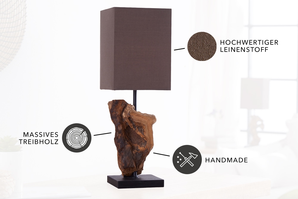 Handgearbeitete Treibholz Tischlampe HYPNOTIC 45cm braun mit Leinenschirm