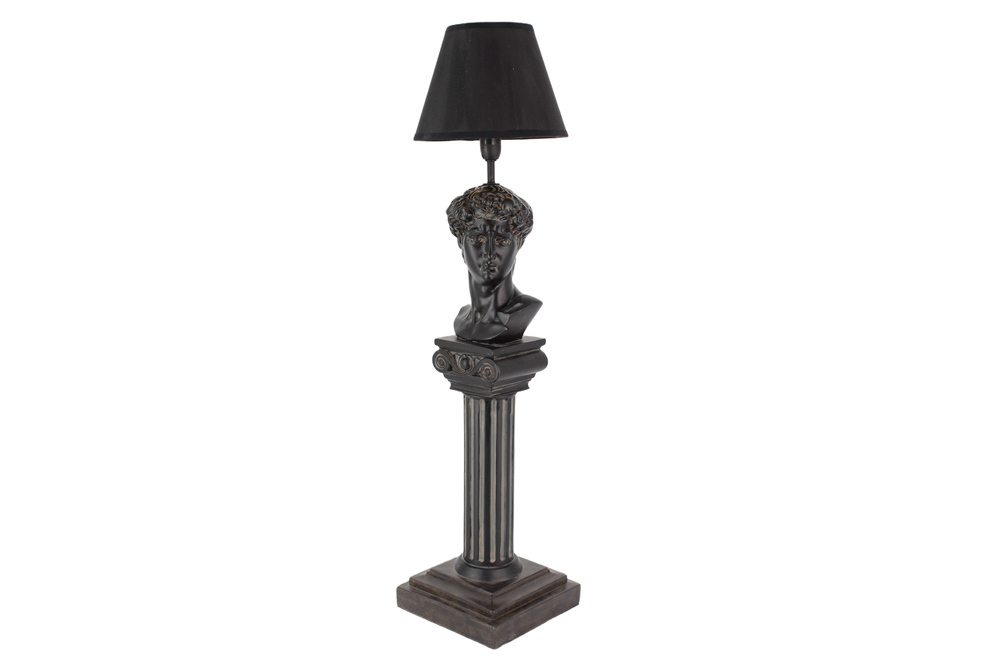 Handgefertigte Tischlampe DAVID 70cm schwarz mit Büste Stoffschirm