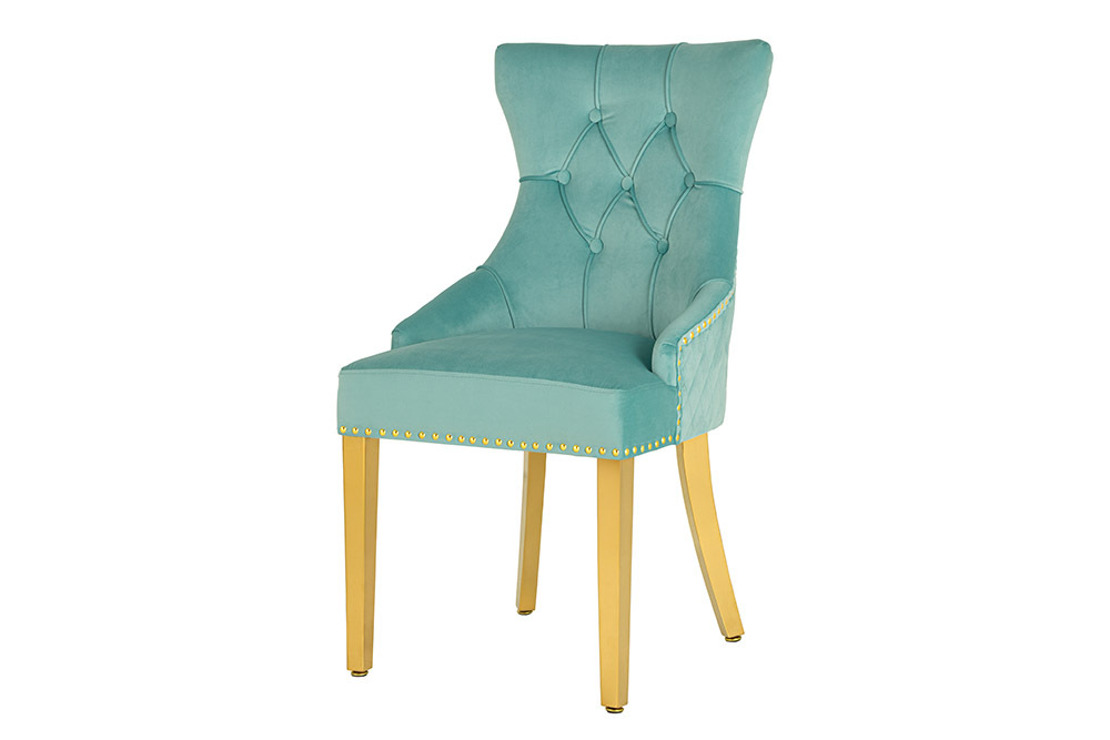 Barock Stuhl CASTLE DELUXE blau Samt gold Edelstahl mit Löwenkopf Chesterfield
