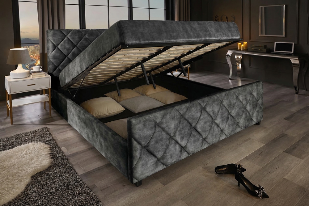 Design Boxbett ELYSIUM 180x200cm dunkelgrau Samt mit Stauraum und Lattenrost