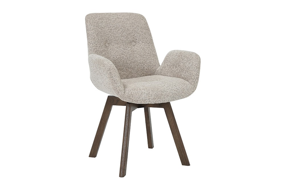 Drehbarer Design Stuhl BALTIC taupe Bouclé Tweed Soft Eiche Massivholz Walnuss
