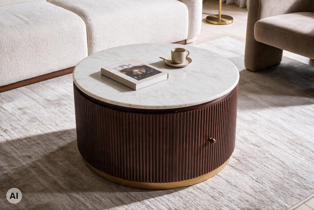 Runder Couchtisch COFFEE TABLE GATSBY 70cm braun weiß Mangoholz Marmor Schublade