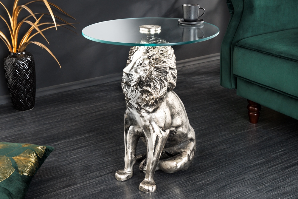 Runder Beistelltisch WILDLIFE LION 60cm silber antik Metall Glas Löwen Skulptur