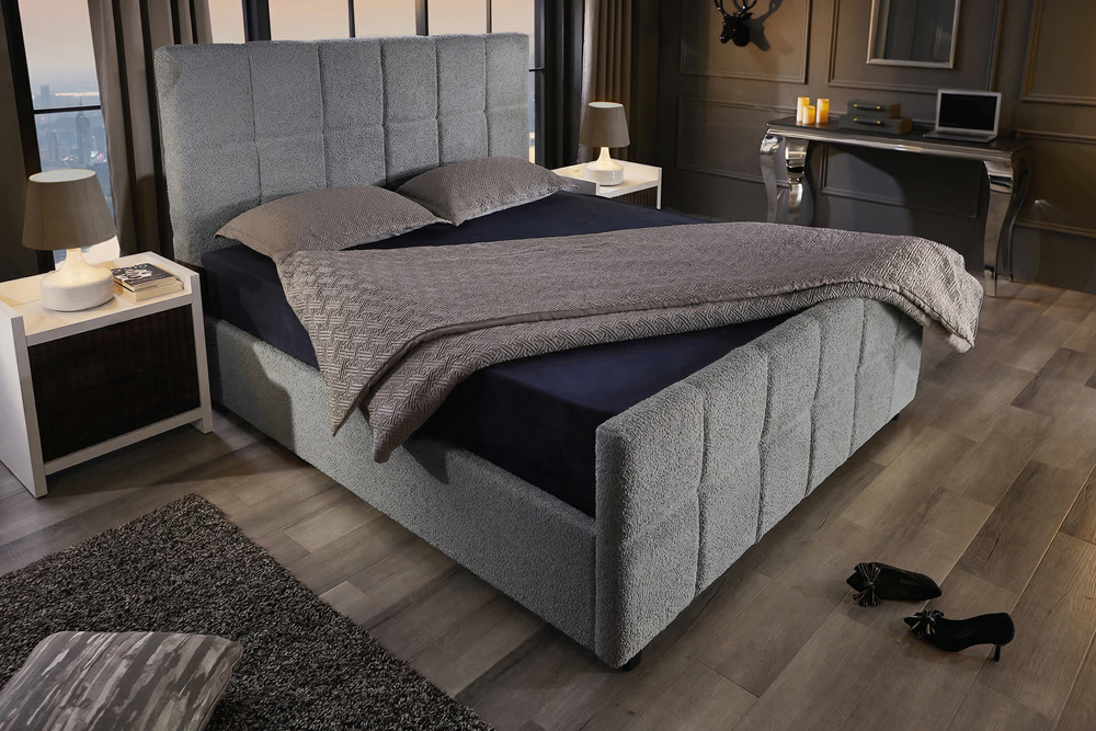 Modernes Boxbett PRESTIGE 180x200cm grau Bouclé mit Stauraum und Lattenrost