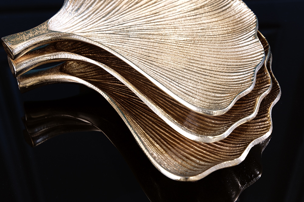 Dekoratives Schalen 3er Set GINKGO 30cm gold handmade Metall