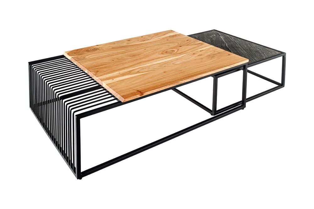 2er Set Couchtische ARCHITECTURE 90cm natur Akazienholz schwarz Steinfurnier Metall