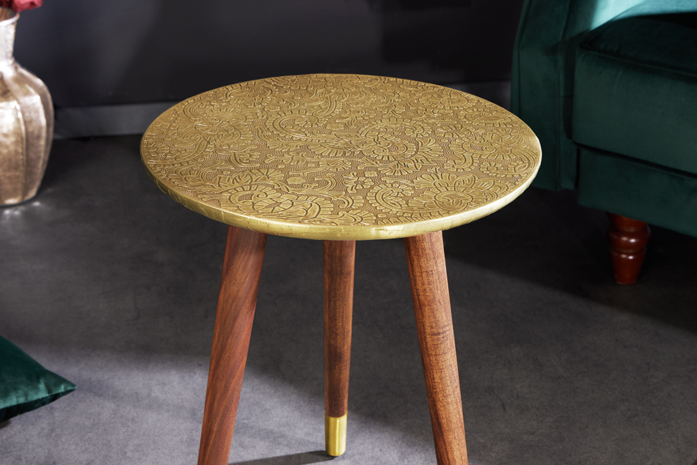 Design Beistelltisch ALCAZAR 50cm antik gold Metall Mangoholz Handarbeit rund