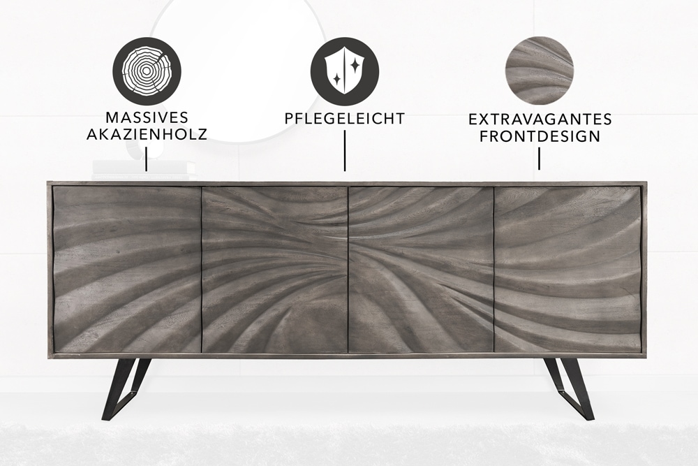 Massivholz Sideboard HURRICANE 175cm grau Akazie 3D-Design