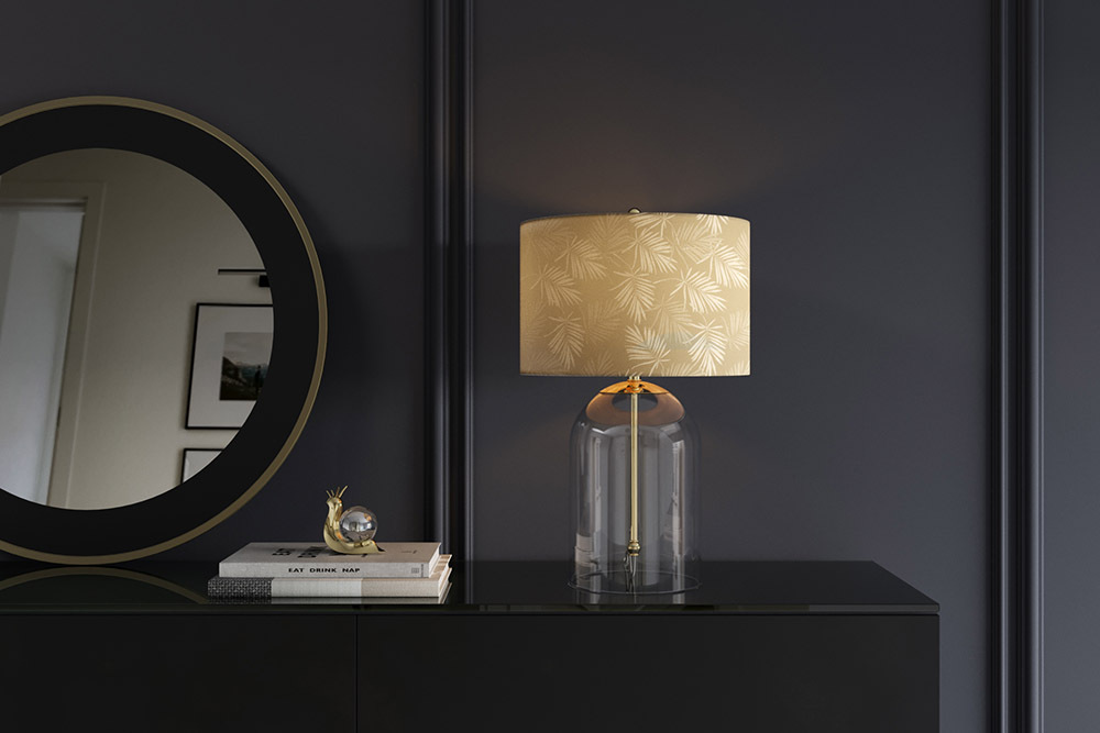 Moderne Tischlampe CLASSICO 50cm transparent Glas weiß gold Leinenschirm