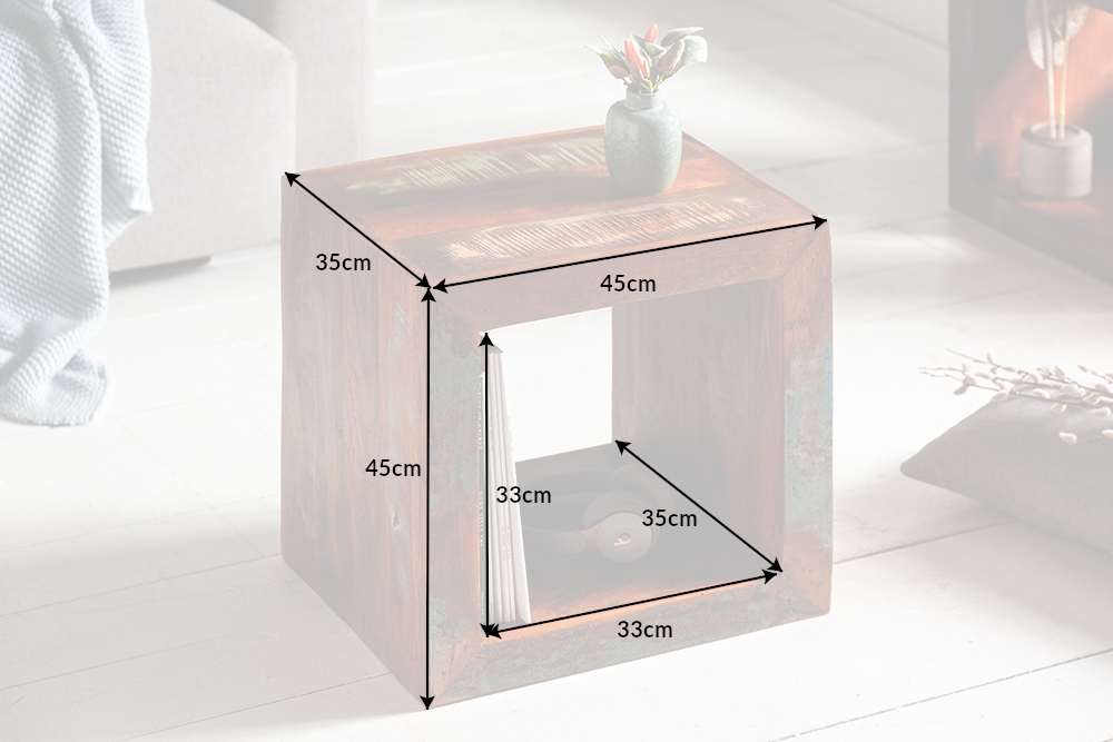 Massiver Beistelltisch JAKARTA 45cm bunt Cube aus recyceltem Holz Regal