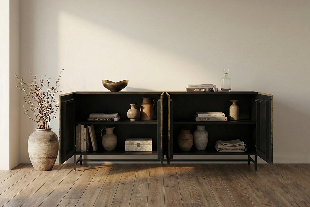 Exklusives Sideboard OXID 180cm schwarz gold massives Mangoholz Metall Soft Close